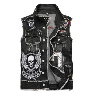 colete jeans punk masculino patch bordado costura crânio pregado colete crachá preto motocicleta jaqueta sem mangas
