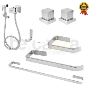 Kit de Acessórios para Banheiro Quadrado Cromado Completo Luxo - Kit SS + 1 Ducha Higienica C80 + 2 Acabamento Quadrado 1/2 3/4 Registro Deca