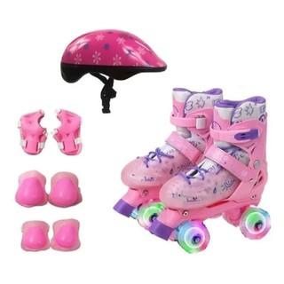 Patins Roller feminino 4 rodas c/ Leds + Kit proteção