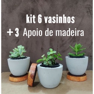 Kit 6 vasos decorativo ARTESANAL RÚSTICO cimento/para Suculentas e Artificial DE BRINDE LEVA 3 POIO REDONDO DE MADEIRA