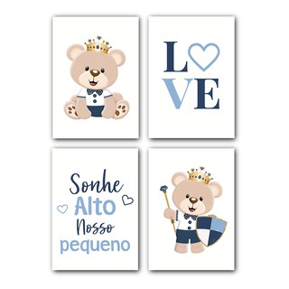 Kit 4 Placas Para Decoração Urso Príncipe ou Ursa Princesa Quarto do Bebê Placas Decorativas Menino Menina