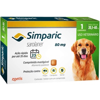 Anti Pulgas Simparic 80 Mg Para Cães 20 A 40 Kg 3 Comprimidos