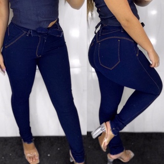 Calça Jeans Feminina Modelagem Empina Bumbum Skinny Com Cinto Cintura Alta Escura