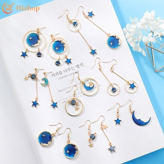 Brincos Femininos De Gancho Assimétrico De Lua / Estrela Azul Da Terra | Blue Earth Fashion Earrings Asymmetrical Moon Star Hook Stud Earring Women Jewelry Accessories