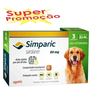 Antipulgas/Carrapatos Simparic 80 mg Cães de 20 A 40 kg 3 Comprimidos