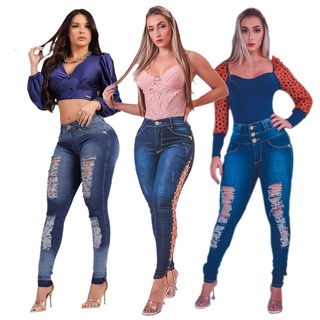 Calças jeans DESTROYED Premium Feminina Skinny modeladora levanta bumbum Cintura Alta, Estilo Pit-bull