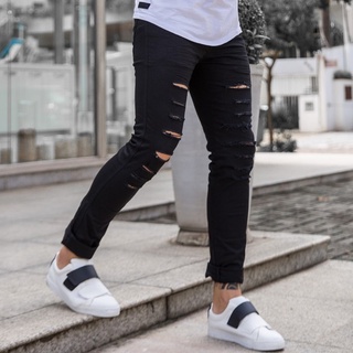 Calças Jeans Masculina com Lycra Skinny com Rasgos modelo Destroyed