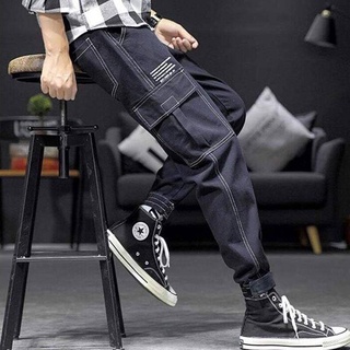 jeans cargo Jeans rasgado jeans masculino Primavera e outono Nova calça jeans solto Buquê de maré dos homens da versão coreana dos homens dos homens da tendência Calças de trabalho solta selvagem (1)