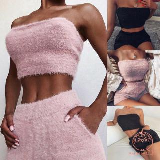 ☀ Super Sexy Moda Feminina Lã Sem Mangas Top Curto Calções Calças Set Clubwear Roupas Casuais