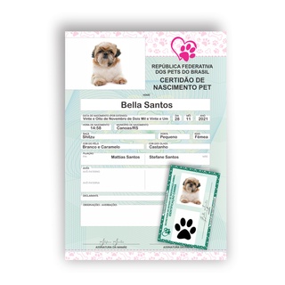 Certidão de Nascimento Pet e RG Pet - Dog Cão Cat Gato - Impresso e Plastificado