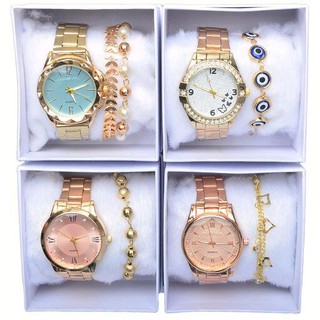 Kit C/ 10 Relógios Femininos + 10 Caixa Branca + 10 Pulseiras Atacado Revenda Top Modelos Novos Re-01 (1)