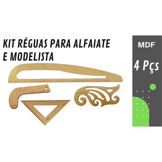 Kit Reguas Alfaiate Grande MDF 4Pçs Modelista Corte e Costura