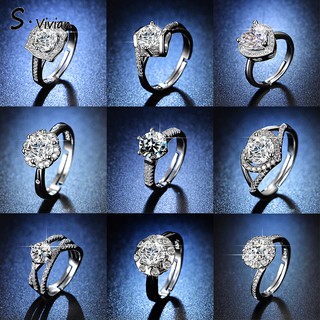 Anel feminino de prata 925 em forma de coração, anel de casamento de diamante clássico, joias ajustáveis