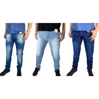 Kit 3 Calças Jeans Escuro Medio Claro Preta Masculina Slim fit Elastano lycra