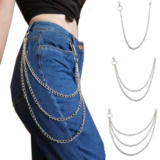 Calça Jeans Feminina Com Corrente De Metal Estilo Hip Hop / Acessórios De Corrente