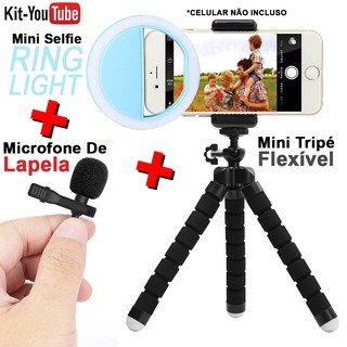 Kit You Tube Com Mini Triplé + Flash Ring Light + Microfone de Lapela