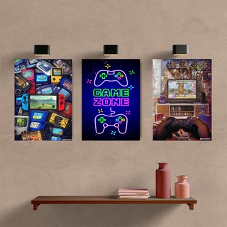 kit placa decorativa 29x21cm game zone video game nerd geek