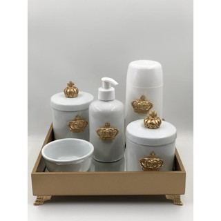 Kit Higiene Bebe Porcelana Bandeja Dourada Apliques Dourado Vários Temas Termica