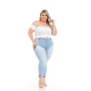 Calça Jeans Feminina Roupa Plus Size Cintura Alta Levanta Bumbum Clara Barra florida (1)