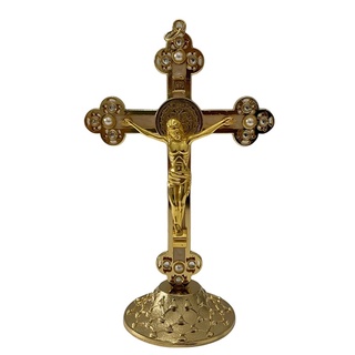 Crucifixo cruz de mesa ou parede DOURADO E PRATEADO com detalhes em pérola e stráss 15cm