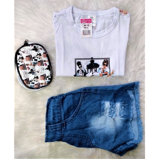 Conjunto Bloguerinha Menina Infantil Blusa Short Jeans Cinto Pochete Moda Verão (6)
