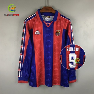 96/97 Camiset Barcelona Retro Home Long sleeve Camisa de futebol RONALDO #9 Uniformes de futebol