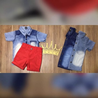Roupa Menino Infantil Camisa Manga Curta Jeans Bermuda Color Vermelho (3)