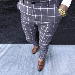 [BGK] Fashion Men Casual Business Slim Fit Plaid Print Zipper Long Pants Trousers (9)
