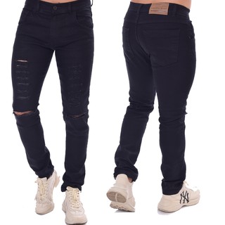 Calca Jeans Masculina Destroyed Preta Rasgada Slim Com Elastano Laycra pronta entrega . (1)