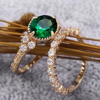 2pcs Set Luxury Emerald Shiny Diamond Crystal 925 Silver Gold Plated Women Fashion Jewellery Rings