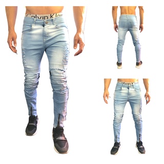 Calça preta Masculina jeans Destroyed Skinny Laycra Ziper na Barra Jeans barata em promoção slim rasgada com estilosa na moda (5)