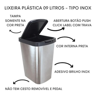 KIT com 2 Lixeira tipo INOX 9 Litros Clik Label Pia Cozinha Banheiro Plástico Cor