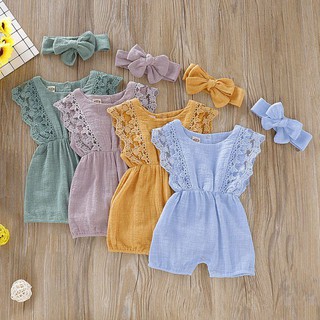 Summer Newborn Girls Rompers Set Flare Sleeve Solid Print Lace Design Romper Jumpsuit With Headband One-Pieces
