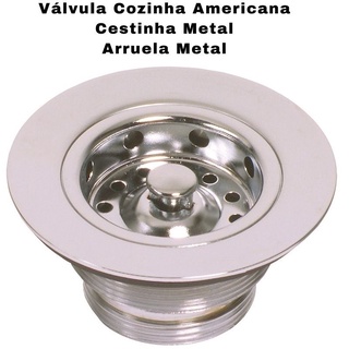 Válvula Pia Cozinha Americana Escoamento Metal Cromada 3.1/2 Cestinha Metal