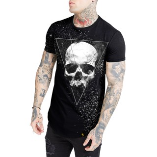 Camisa Camiseta Longline Masculina Caveira Triangulo Dark Preta