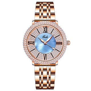 Relógio Completo Diamante Romana Escala Banda De Aço Senhoras De Moda Trendy Classy Azul Shell