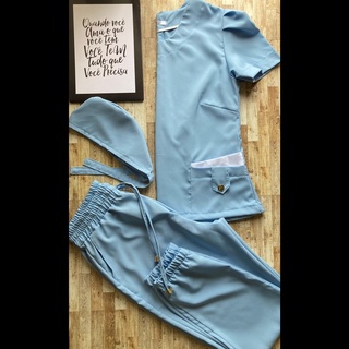 kit Scrub feminino blusa+ calça + touquinha / pijama cirúrgico azul (1)