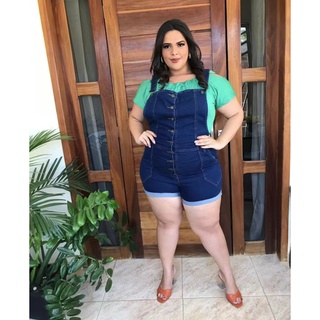 Jardineira Macaquinho Feminino Jeans Plus Size Lycra TAMANHO GRANDE