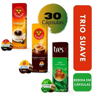 30 Capsulas Tres Coracoes Espresso Tradicional + Cappuccino Classic + Chá Capim Cidreira