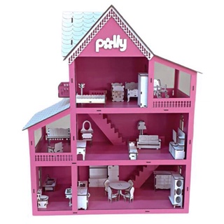 Casa Casinha De Boneca + kit 30 Moveis Em Mdf Pintado Rosa Polly