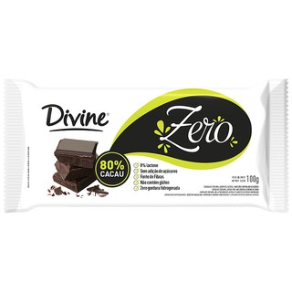 Chocolate 80% Cacau Divine zero açúcar, zero lactose e zero glúten 100g