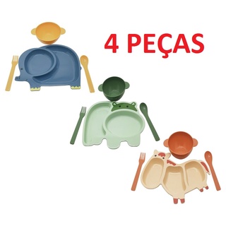 Kit Alimentação Bebê Pratinho Melamina Infantil C/ 4 Pçs/Kit Prato Infantil Com Divisórias P/ Refeição Papinha Jogo Com4 Peças
