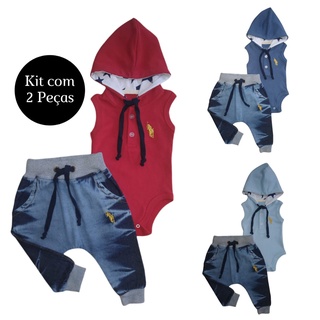 Kit 2 Peças 1 Body Bebê Regata com Capuz e 1 Calça Jeans Saruel Lavagem Tiger