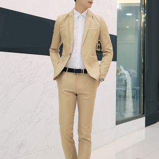 Yar_2Pcs Office Business Men Solid Color Lapel Long Sleeve Slim Blazer Pants Suit (5)