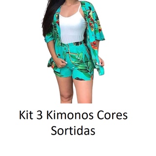 Kit 3 Conjuntos 2 Peças Kimono E Shorts Estampados Moda Verão Praia