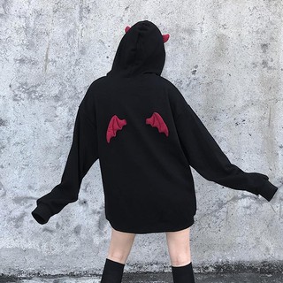 Harajuku Hoodies Girl Little Devil Horns Gothic Hooded Sweatshirts Women Demon Fly Wings Loose Pullovers Pocket Tops