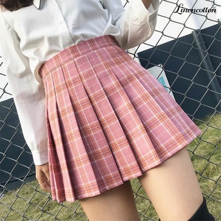 Linencotton Mini Skirt High Waist Women Side Zip Solid Color/Plaid Printed Pleated Skirt for School