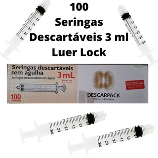Seringa 3 ml Sem Agulha Descartável 100 und. Luer Lock (Bico com Rosca) Descarpack