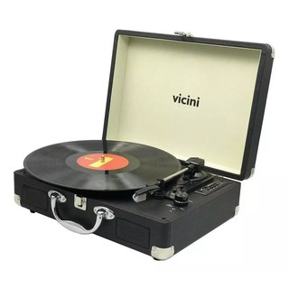 Vitrola retrô toca disco Bluetooth grava vinil para Pendrive maleta preta Vicini Bivolt