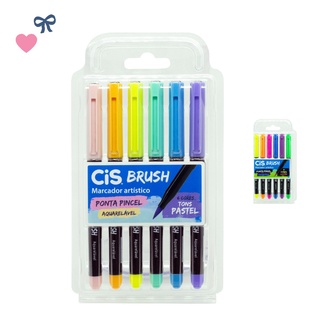 Caneta Brush Pen Aquarelavel Kit 6 Cores Pastel ou Neon Ponta Pincel Cis